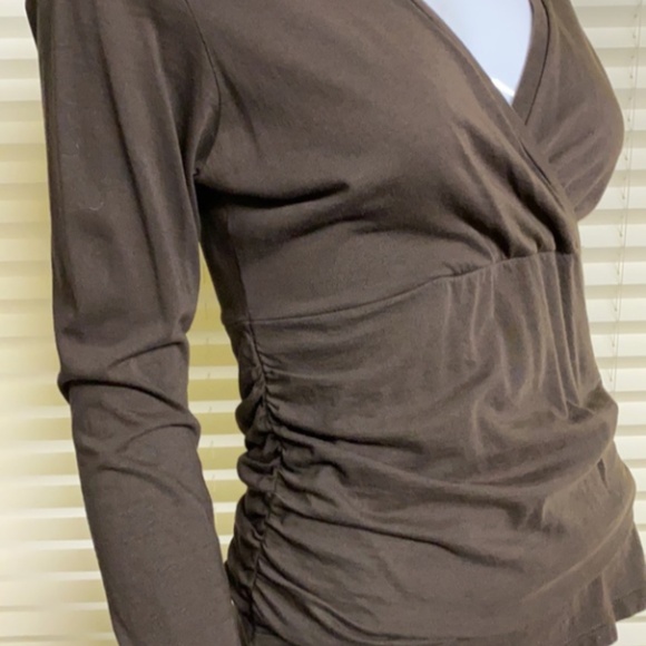 Lilla P Pima Cotton Wrap-Style V-Neck Top | Brown Long Sleeve | Size Small - Picture 3 of 10